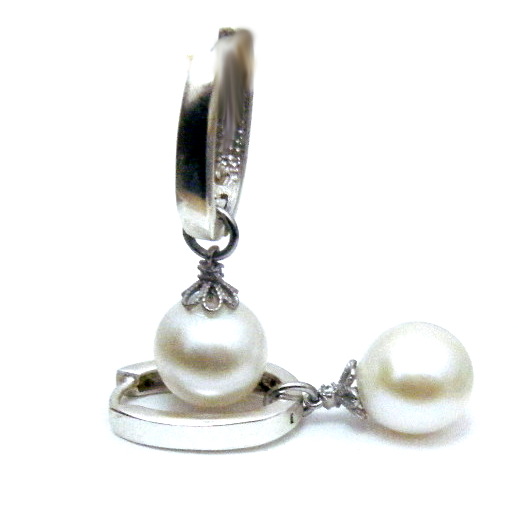 Silver U Huggies with White 8mm Drop Pearls